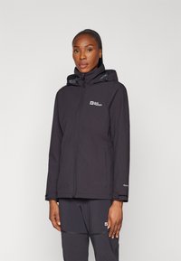 Black waterproof jacket with a hood, zip front, and adjustable cuffs. Features logo on chest and textured fabric for durability.