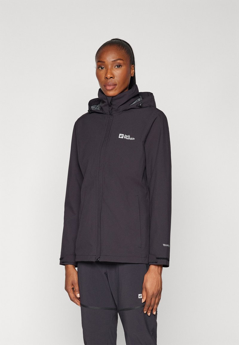 Black waterproof jacket with a hood, zip front, and adjustable cuffs. Features logo on chest and textured fabric for durability.