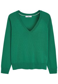 Pull vert col en V en maille douce avec manches longues raglan et bordures côtelées aux poignets et à la taille. Texture lisse, sans motifs ni accents visibles.