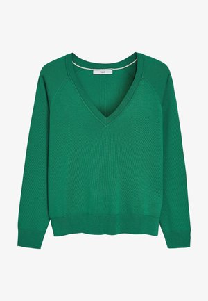 Pull vert col en V en maille douce avec manches longues raglan et bordures côtelées aux poignets et à la taille. Texture lisse, sans motifs ni accents visibles.