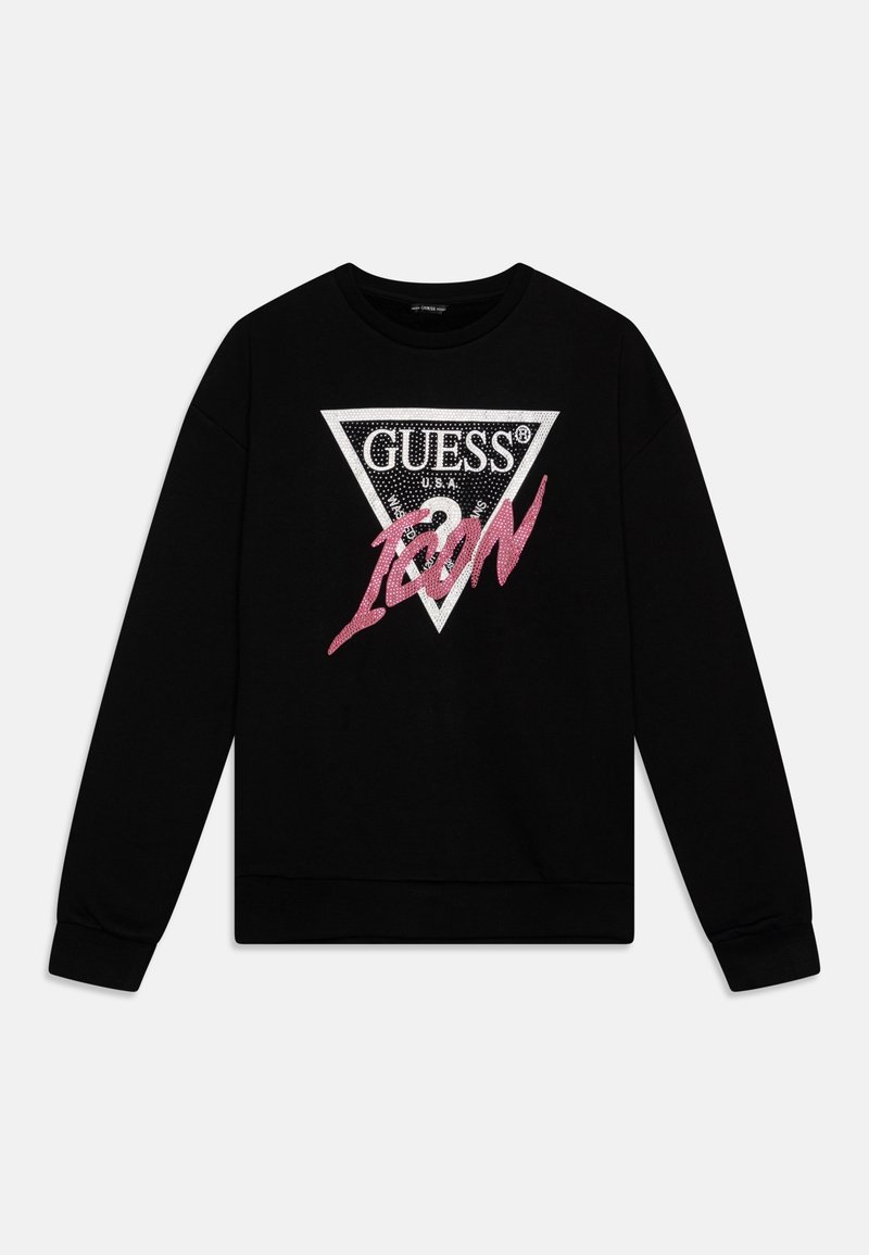 Black long-sleeve sweatshirt with white triangular Guess logo and pink "Icon" script on front, crew neck and ribbed cuffs and hem.