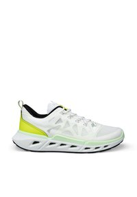 Scarpa sportiva traspirante bianca e verde lime con tomaia in mesh, fodera interna nera e suola ventilata per un miglior flusso d'aria e comfort.