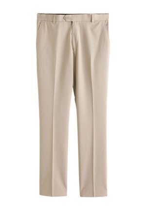 Pantalon beige droit avec poches avant, passants pour ceinture et fermeture par bouton à la taille.