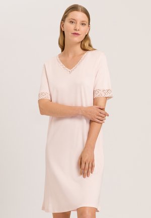 Pink short-sleeved dress with a V-neck and lace trim along the neckline and sleeves. Soft texture, knee-length design.