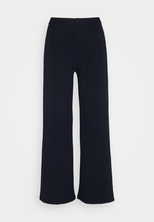 Navy wide-leg trousers made of soft fabric, featuring a flat waistband and no visible pockets, with a smooth, untextured finish.