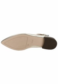 Buty z wąskim czubkiem w metaliczno-srebrnym wykończeniu. Charakteryzują się gładką teksturą, płaską podeszwą oraz małym obcasem z teksturowanym uchwytem.