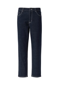 Jeans in denim blu scuro con taglio dritto, dotati di cuciture bianche a contrasto e cinque tasche. La vita è decorata con un bottone e passanti per la cintura.