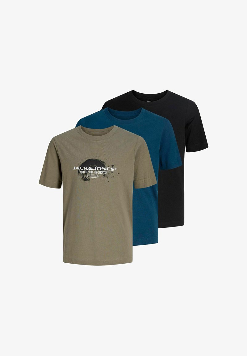 Three short-sleeve crew neck T-shirts in olive green with logo, dark teal, and black, layered front to back on a white background.