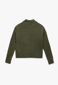 Oliwkowy, krótki sweter z dzianiny z wysokim kołnierzem i prążkowanym dołem. Posiada długie rękawy i teksturowane wykończenie. Czysty design.