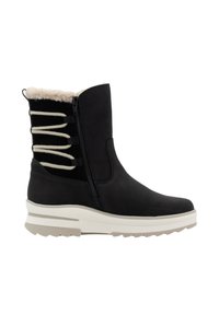 Black ankle boot with shearling lining, a smooth upper, elastic side detailing, and a contrasting white sole. Features a side zipper for easy wear.