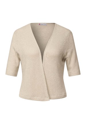 Beige kortærmet sweater med en dyb V-hals, lavet af et blødt, tekstureret stof og en åben frontstil. Velegnet til lag-på-lag stil.