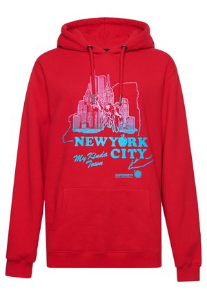 Red hoodie with blue graphic of New York City skyline, Statue of Liberty, and text "New York City My Kinda Town" on the front.