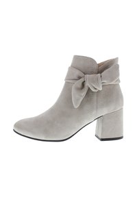 Graue Wildleder-Ankle-Boots mit einem breiten Riemen und einer Schleifendetails, spitzer Zehenpartie und einem klobigen Absatz. Verfügt über Kontrastnähte entlang der Ränder.