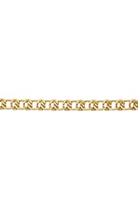 Collana d'oro con anelli rotondi intrecciati, caratterizzata da una finitura metallica liscia e dimensioni uniformi. Design elegante e minimale.