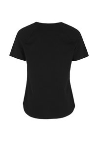 Sort kortærmet T-shirt med rund halsudskæring og en glat tekstur. Har et simpelt design uden synlige mønstre eller accenter.