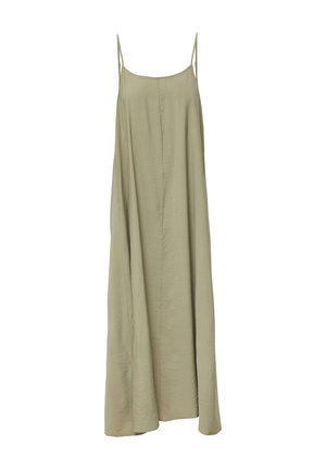 Garšs, bez piedurknēm, kleita bālā olīvu zaļā krāsā, izgatavota no viegla auduma ar gludu tekstūru, piedāvājot plānas spageti siksnas un plūstošu dizainu.