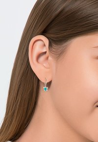 Zilveren creolen met een turquoise, gestructureerd schildpaddenontwerp. De oorbellen hangen aan een lever-back sluiting.