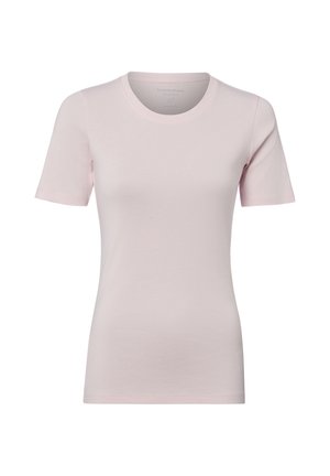Hellrosa eng anliegendes T-Shirt mit kurzen Ärmeln und rundem Ausschnitt auf weißem einfarbigem Hintergrund.
