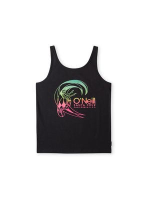 Schwarzes Tanktop mit farbenfrohem abstraktem Surfer- und Wellenmotiv, auf der Vorderseite mit dem Schriftzug "O’Neill Santa Cruz California U.S.A.".
