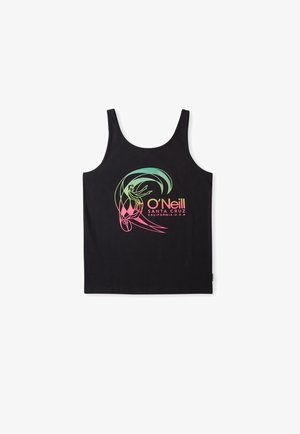 Czarny top na ramiączkach z kolorowym, abstrakcyjnym motywem surfera i fali, z napisem "O’Neill Santa Cruz California U.S.A." z przodu.