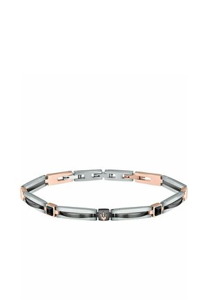 Bracciale da uomo con anelli alternati in argento e oro rosa, con accenti neri e un emblema centrale, texture liscia e forme rettangolari.