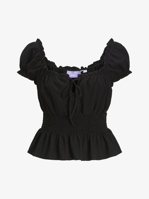 Juoda tekstūruota palaidinė su trumpomis pūkuotomis rankovėmis, susmulkinta juosmens dalimi ir plišyru apvadu. Pasižymi priekinio raiščio detale ir pagaminta iš lengvos medžiagos.