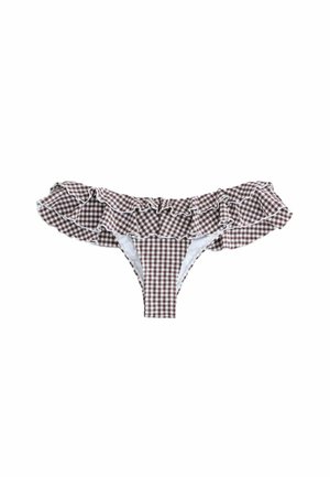 Hnedo-biele kockované spodné diely bikín s nariaseným pásom na bielom pozadí.