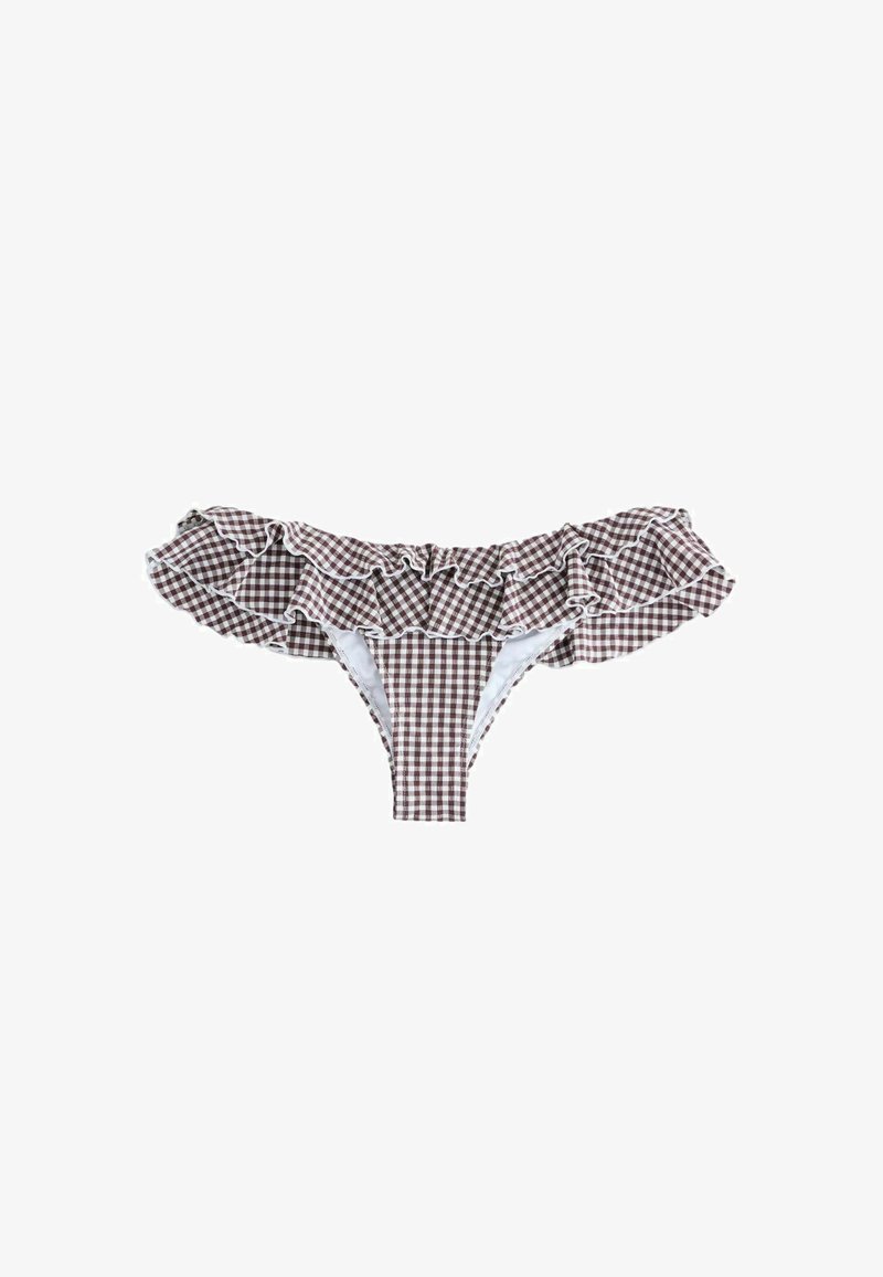 Parte de jos de bikini în carouri maro și alb, cu detaliu volănaș la talie, pe fundal alb.