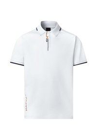 Biely polo tričko s golierom, s čiernymi a oranžovými akcentmi, krátkymi rukávmi a logom na ľavej strane. Hladká, ľahká tkanina.