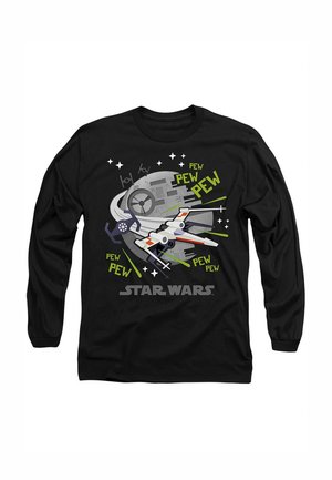 Schwarzes Longsleeve-T-Shirt mit einer Grafik von Raumschiffen und Laserstrahlen, mit dem Text "Star Wars" am unteren Rand. Kräftige Farben wurden im Design verwendet.
