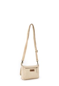 Beige Leder Umhängetasche mit verstellbarem Riemen, vorderer Reißverschlusstasche und einem markierten Lederetikett; glatte Textur und rechteckige Form.