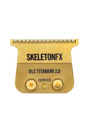 Goudkleurig SkeletonFX DLC Titanium 2.0 scheermes met twee schroeven en fijne tanden voor haarknipopzetstuk.