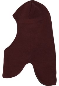 Donkerbruine gebreide bivakmuts met een verlengd nekbedekkend deel en een opening voor het gezicht, ontworpen voor volledige warmte van hoofd en nek.