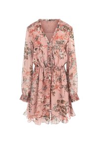 Floral dress in pink chiffon with long sleeves, ruffled collar, and waist tie. Features colorful botanical prints and a flared hemline.