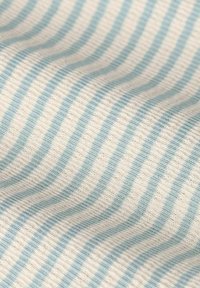 Gestreifter Stoff in sanften Creme- und Hellblautönen, mit einer gerippten Textur und abwechselnd dünnen und dicken Streifen.