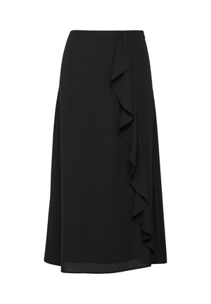 Black midi skirt with high waist and cascading ruffle detail along the front right side, flowing fabric, A-line silhouette.