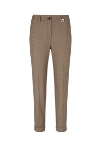 Pantalons à motif carreauté marron avec une coupe ajustée, dotés d'une fermeture à bouton, de passants de ceinture et de poignets roulés pour un look élégant.