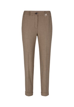 Bruine broek met een ruitpatroon en een getailleerde pasvorm, voorzien van een knoopsluiting, riemlussen en opgerolde manchetten voor een strakke uitstraling.
