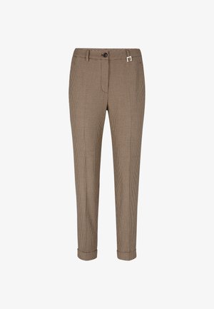 Bruine broek met een ruitpatroon en een getailleerde pasvorm, voorzien van een knoopsluiting, riemlussen en opgerolde manchetten voor een strakke uitstraling.
