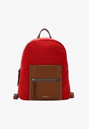 Red backpack made of smooth nylon with a brown leather front pocket. Features a zipper, white stitching, and a top handle.