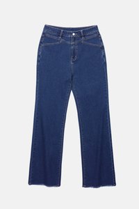 Blauwe spijkerbroek met een recht eend ontwerp, middelhoge taille, rafelige zoom en gedetailleerde stiksels. Beschikt over twee voorzakken en een knoopsluiting.