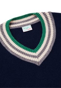 Pull en maille bleu marine à col en V avec col côtelé rayé vert, crème et gris, étiquette de la marque Benetton au niveau du col.