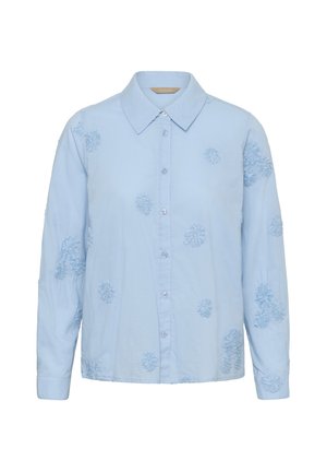 Lichtblauw overhemd met lange mouwen en knopen, met geborduurde bloemenpatronen en een klassieke kraag. Zachte katoenen stof, comfortabele pasvorm.