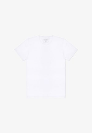 Biała bawełniana koszulka z okrągłym dekoltem i krótkimi rękawami. Prosty design, bez wzorów czy ozdób. Miękka tekstura.