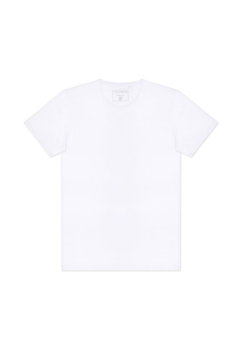 Biała bawełniana koszulka z okrągłym dekoltem i krótkimi rękawami. Prosty design, bez wzorów czy ozdób. Miękka tekstura.