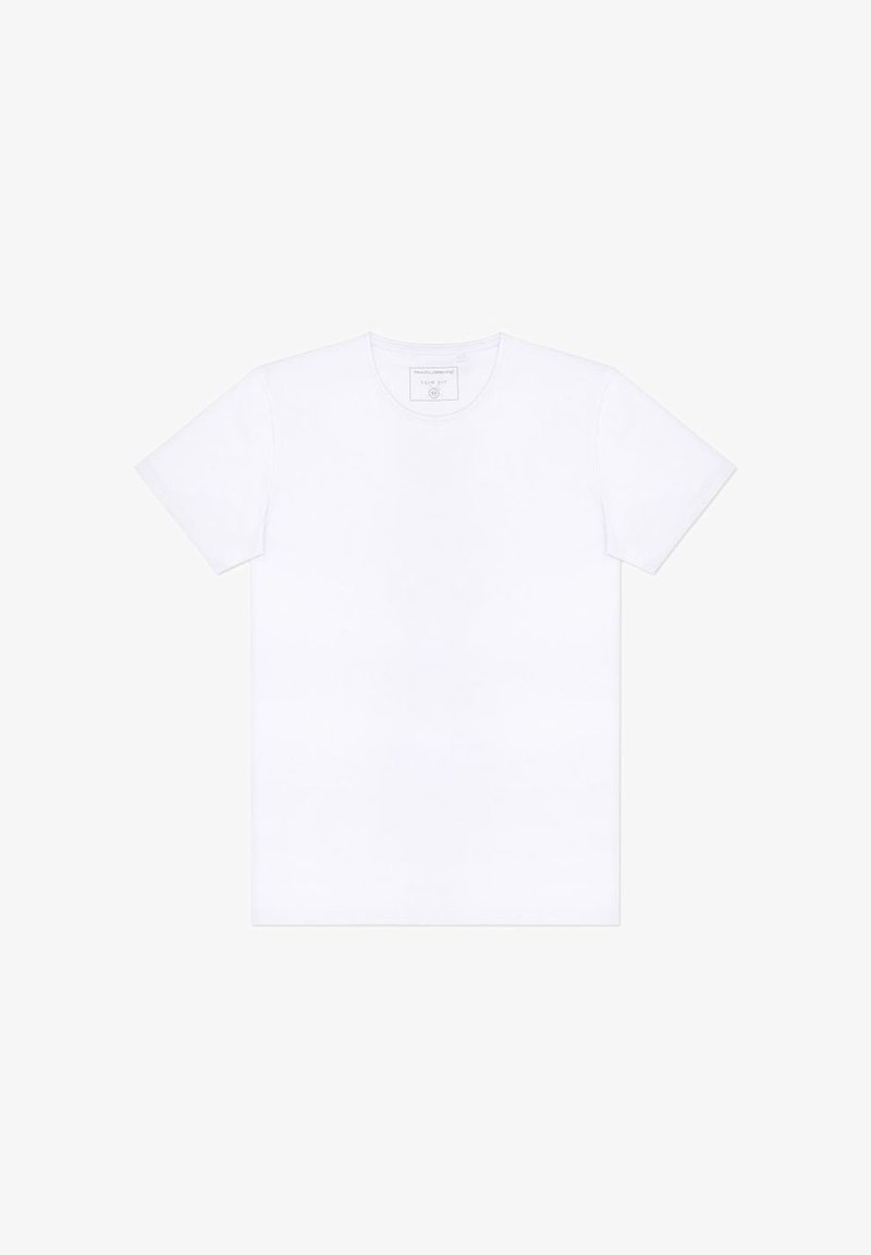 Biała bawełniana koszulka z okrągłym dekoltem i krótkimi rękawami. Prosty design, bez wzorów czy ozdób. Miękka tekstura.