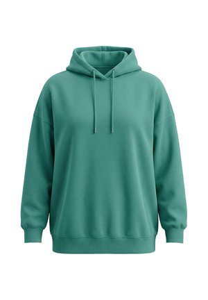 Tyrkisgrøn hættetrøje med lange ærmer, forlommekangaroo, justerbar snøre i hætten og ribstrikkede manchetter og kant.