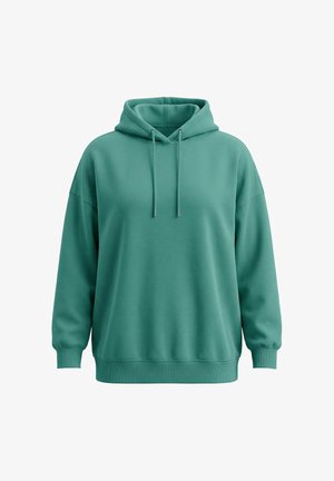 Tyrkisgrøn hættetrøje med lange ærmer, forlommekangaroo, justerbar snøre i hætten og ribstrikkede manchetter og kant.