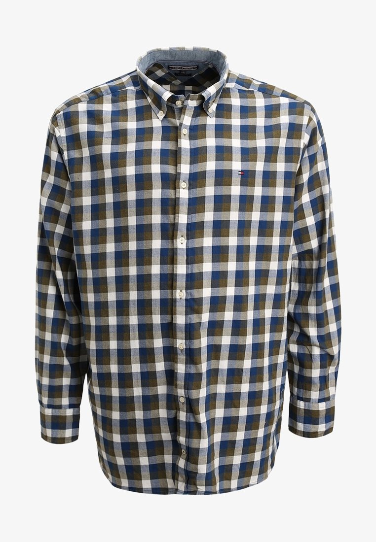 Chemise à manches longues boutonnée avec motif à carreaux bleu, blanc et vert olive et petit logo brodé sur la poitrine.