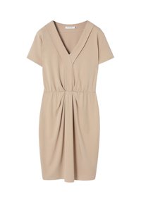 Abito beige fino al ginocchio con maniche corte, colletto a V e pieghe raccolte in vita per una silhouette Adennata.